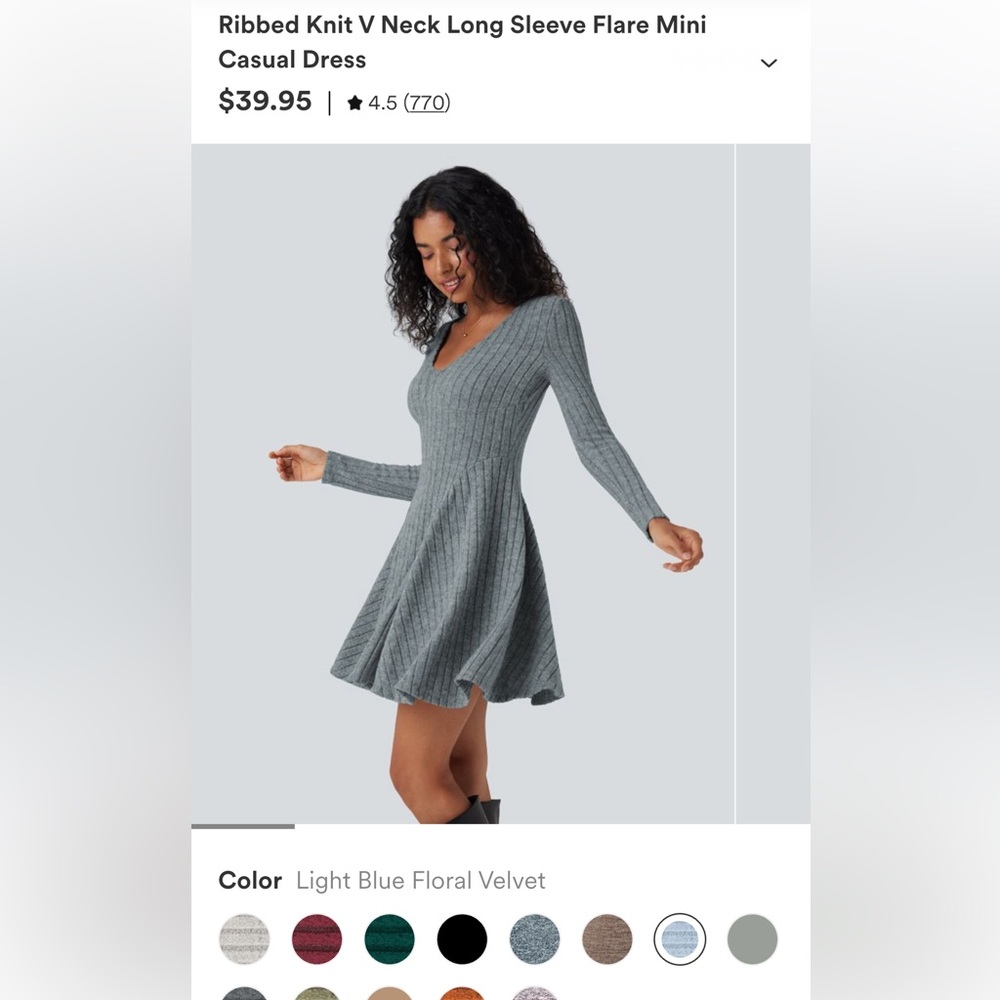 Ribbed Knit V Neck Long Sleeve Flare Mini Casual Dress - Light Blue Floral